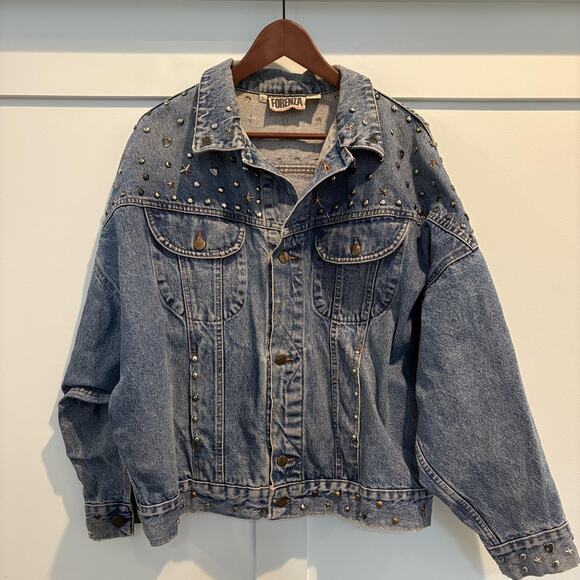 Vtg 80s Forenza Studded Denim Jacket Small Hearts Stars Western Oversized Italy - Picture 1 of 14